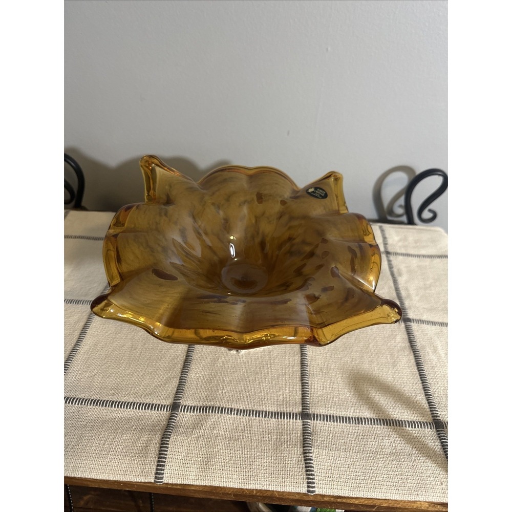 Vtg Cristal Murano Swirl Glass Bowl Amber Ruffled Rim Silver Floral Base Italy